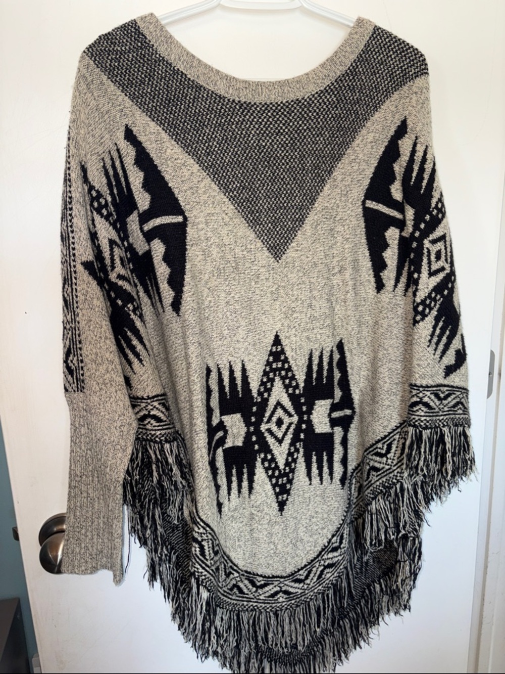 Fringe Tribal Knit Poncho Sweater